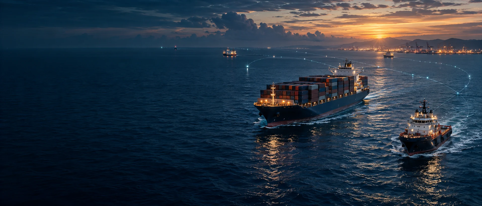 Connected commercial vessels approaching port at dawn