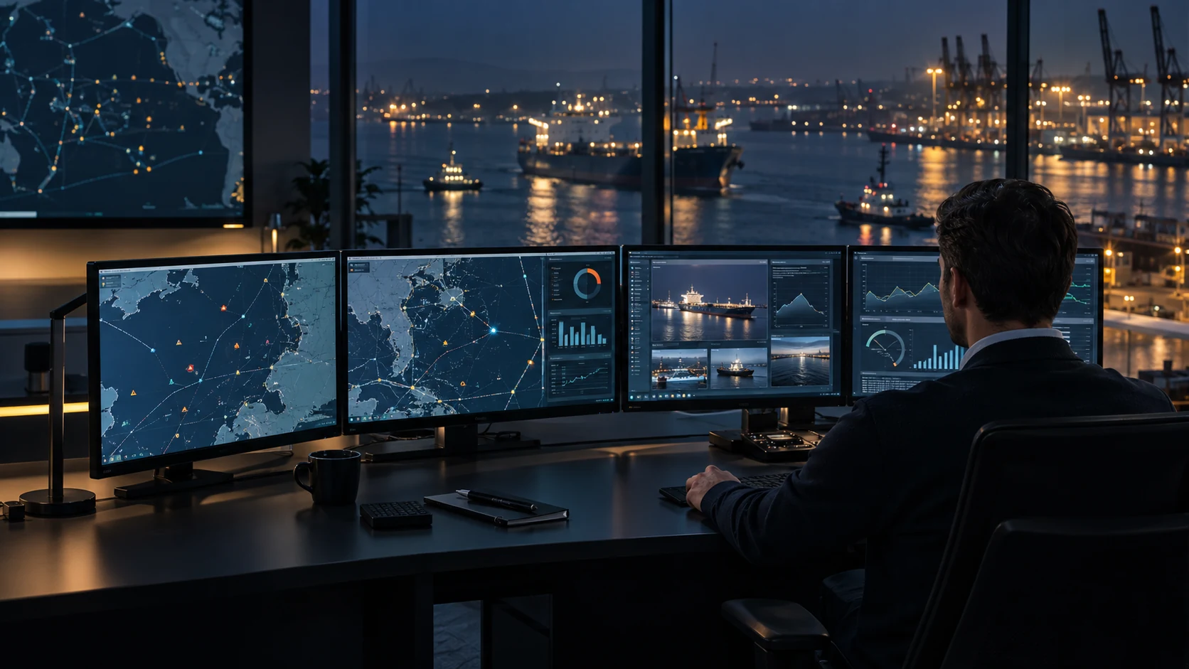 Maritime operations center with analytical screens